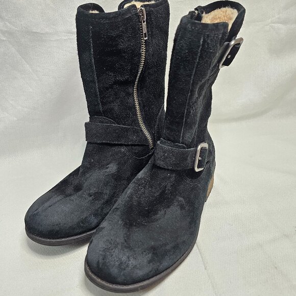 UGG Australia Black Suede Leather Shearling Zip Mid Calf Boots Women's Size 6 - Picture 3 of 11